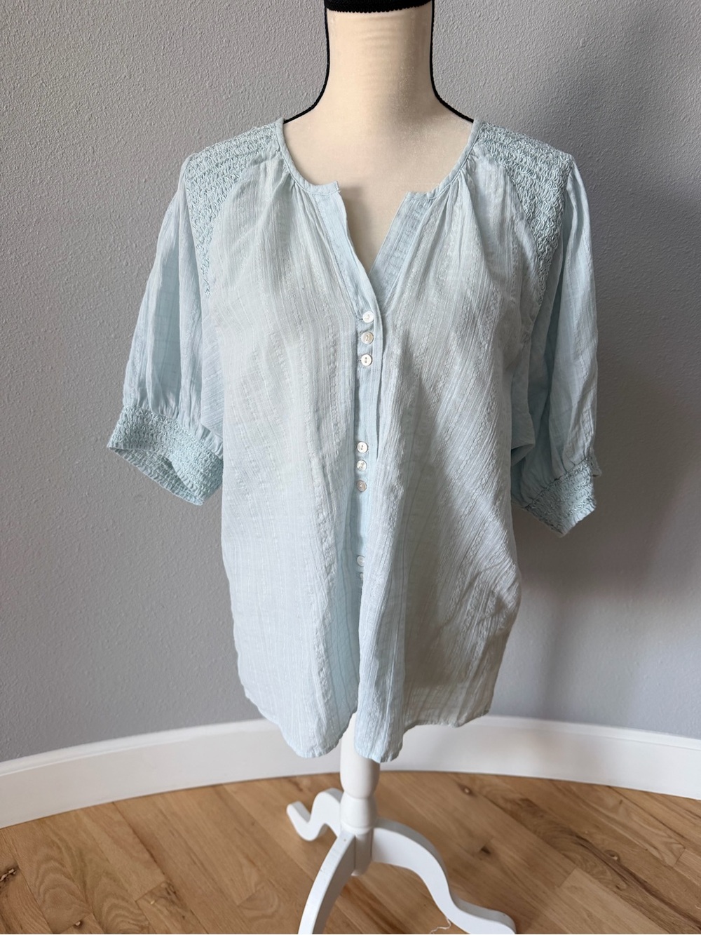 Sundance Pale Blue Button-Front Oversized Peasant Blouse
